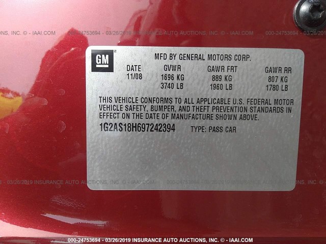 1G2AS18H697242394 - 2009 PONTIAC G5 RED photo 9