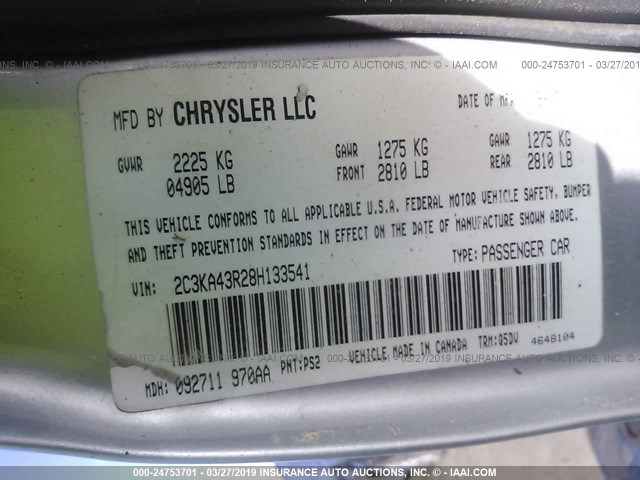 2C3KA43R28H133541 - 2008 CHRYSLER 300 LX SILVER photo 9