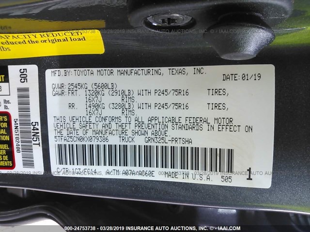 5TFAZ5CN0KX079386 - 2019 TOYOTA TACOMA DOUBLE CAB/SR5/TRD SPORT/ GRAY photo 9