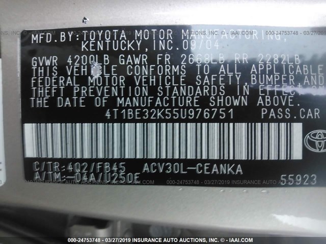 4T1BE32K55U976751 - 2005 TOYOTA CAMRY LE/XLE/SE GOLD photo 9