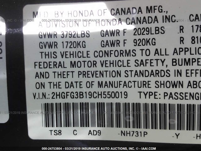 2HGFG3B19CH550019 - 2012 HONDA CIVIC EXL BLACK photo 9