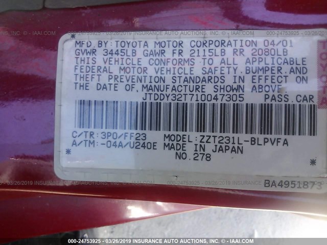 JTDDY32T710047305 - 2001 TOYOTA CELICA GT-S RED photo 9