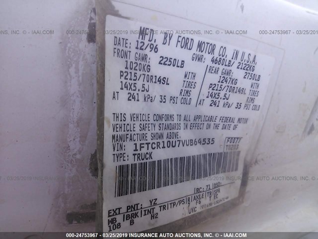 1FTCR10U7VUB64535 - 1997 FORD RANGER WHITE photo 9