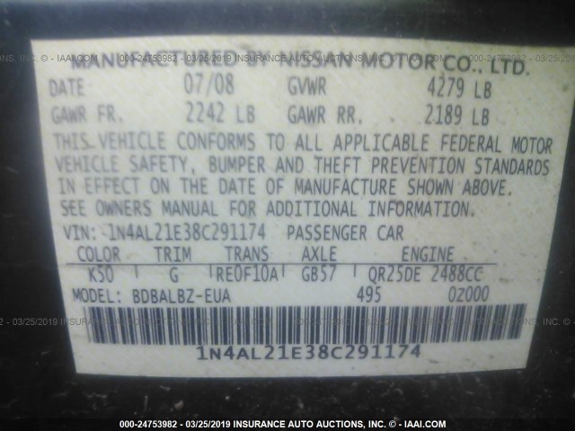 1N4AL21E38C291174 - 2008 NISSAN ALTIMA 2.5/2.5S GRAY photo 9