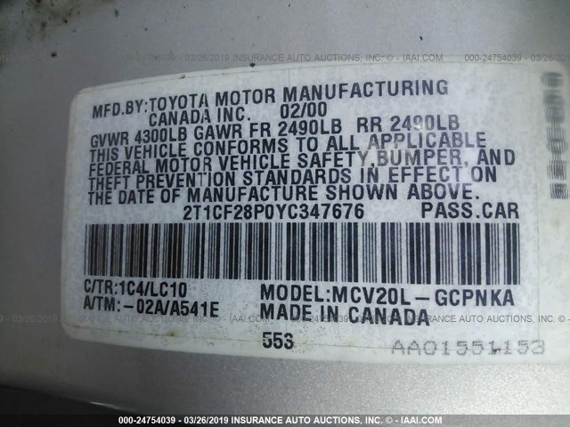 2T1CF28P0YC347676 - 2000 TOYOTA CAMRY SOLARA SE/SLE SILVER photo 9