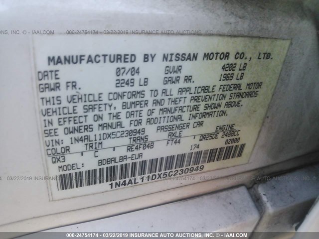 1N4AL11DX5C230949 - 2005 NISSAN ALTIMA S/SL WHITE photo 9