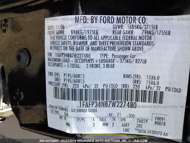 1FAFP34N87W227480 - 2007 FORD FOCUS ZX4/S/SE/SES Қара фото 9