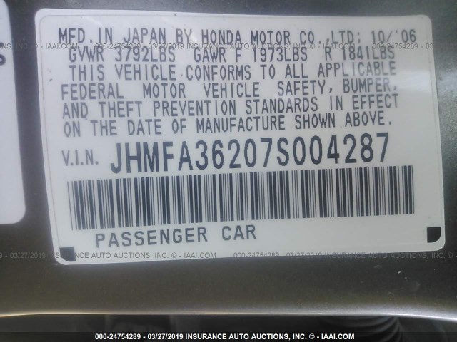 JHMFA36207S004287 - 2007 HONDA CIVIC HYBRID SILVER photo 9