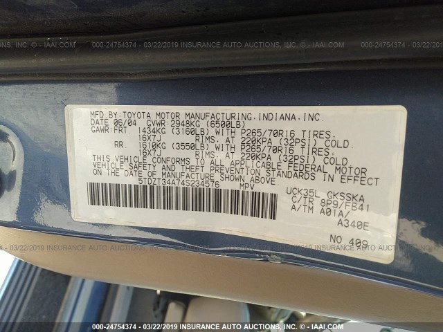 5TDZT34A74S234576 - 2004 TOYOTA SEQUOIA SR5 BLUE photo 9