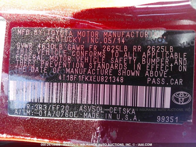 4T1BF1FKXEU821348 - 2014 TOYOTA CAMRY L/SE/LE/XLE 红色 照片 9