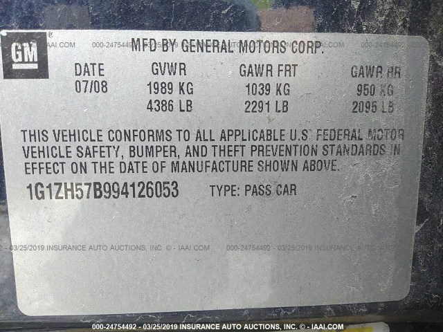 1G1ZH57B994126053 - 2009 CHEVROLET MALIBU 1LT ლურჯი ფოტო 9