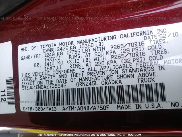 5TEUU4EN6AZ735942 - 2010 TOYOTA TACOMA ACCESS CAB წითელი ფოტო 9