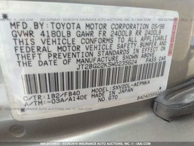 JT2BG22K5W0235624 - 1998 TOYOTA CAMRY CE/LE/XLE 灰色 照片 9