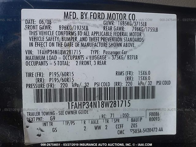 1FAHP34N18W281715 - 2008 FORD FOCUS S/SE BLUE photo 9