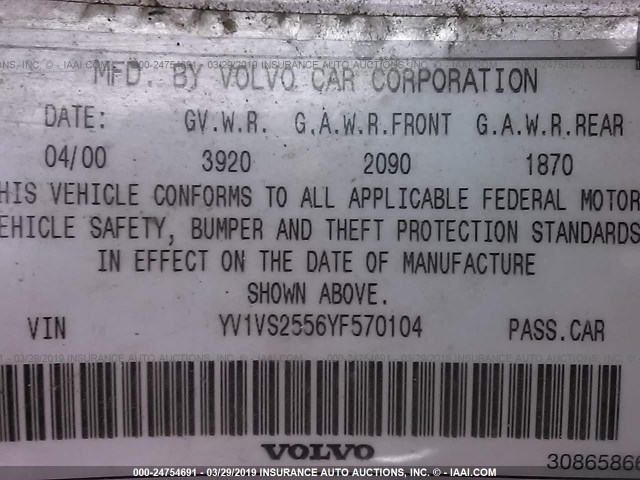 YV1VS2556YF570104 - 2000 VOLVO S40 SILVER photo 9