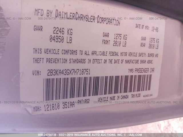 2B3KA43GX7H718751 - 2007 DODGE CHARGER SE/SXT SILVER photo 9