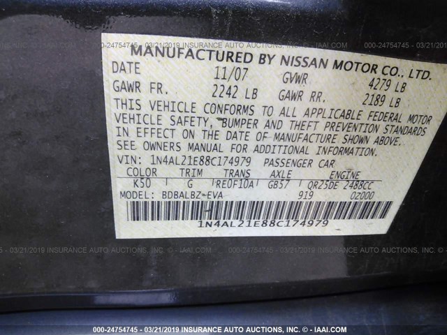 1N4AL21E88C174979 - 2008 NISSAN ALTIMA 2.5/2.5S GRAY photo 9