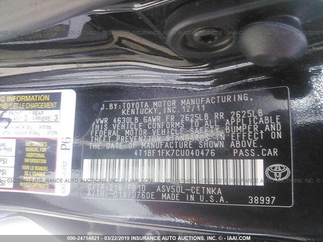 4T1BF1FK7CU040476 - 2012 TOYOTA CAMRY SE/LE/XLE BLACK photo 9