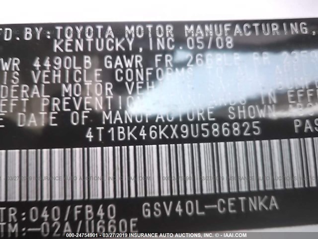 4T1BK46KX9U586825 - 2009 TOYOTA CAMRY SE/LE/XLE WHITE photo 9