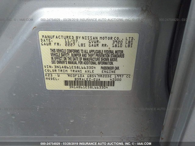 3N1AB61E58L663304 - 2008 NISSAN SENTRA 2.0/2.0S/2.0SL SILVER photo 9