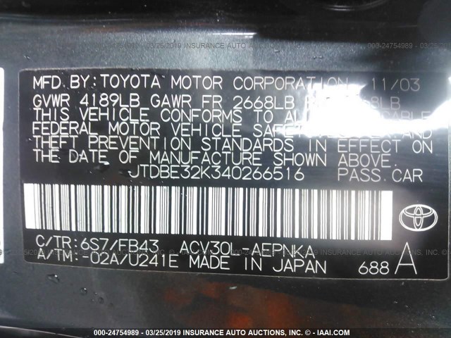JTDBE32K340266516 - 2004 TOYOTA CAMRY LE/XLE Yaşıl foto 9