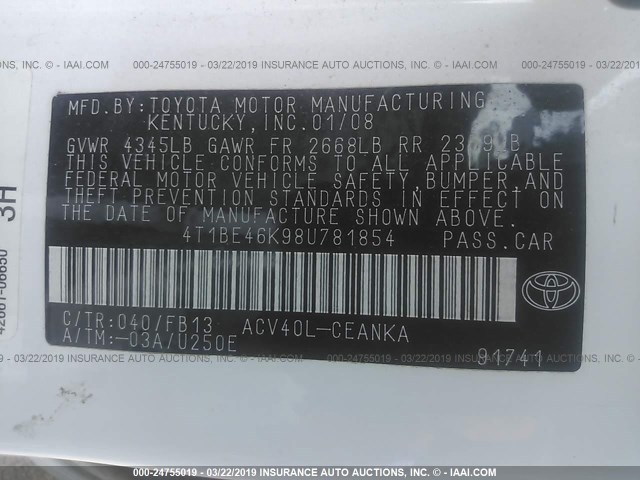 4T1BE46K98U781854 - 2008 TOYOTA CAMRY CE/LE/XLE/SE 白色 照片 9