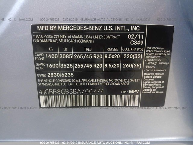 4JGBB8GB3BA700774 - 2011 MERCEDES-BENZ ML 350 4MATIC Light Blue photo 9