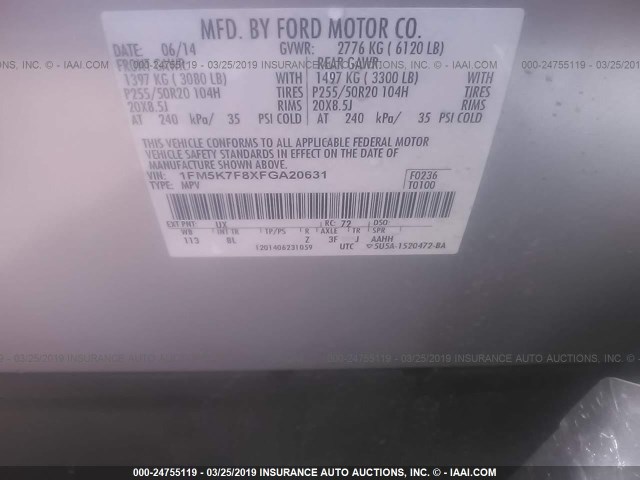 1FM5K7F8XFGA20631 - 2015 FORD EXPLORER LIMITED SILVER photo 9