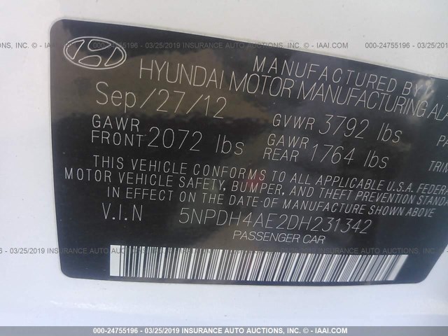 5NPDH4AE2DH231342 - 2013 HYUNDAI ELANTRA GLS/LIMITED WHITE photo 9