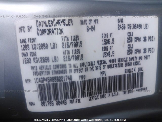 1C4GP45R95B221746 - 2005 CHRYSLER TOWN & COUNTRY  BLUE photo 9