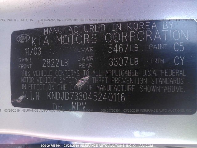 KNDJD733045240116 - 2004 KIA SORENTO EX/LX SILVER photo 9