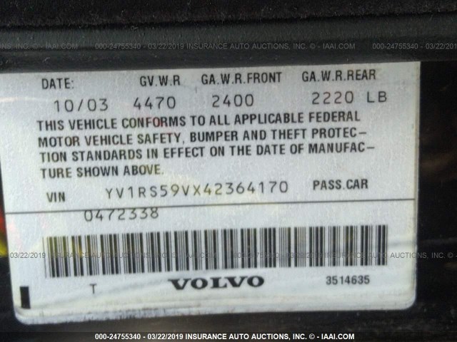 YV1RS59VX42364170 - 2004 VOLVO S60 2.5T BLACK photo 9