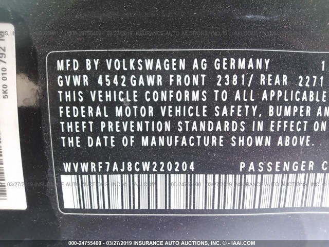 WVWRF7AJ8CW220204 - 2012 VOLKSWAGEN GOLF R BLACK photo 9