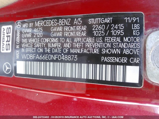 WDBFA66E0NF048873 - 1992 MERCEDES-BENZ 500 SL RED photo 9