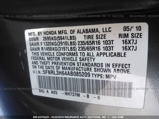 5FNRL3H64AB085209 - 2010 HONDA ODYSSEY EXL GRAY photo 9