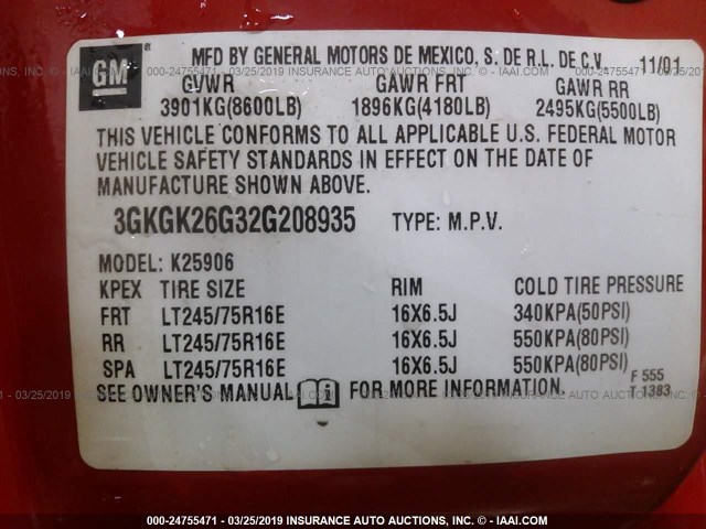 3GKGK26G32G208935 - 2002 GMC YUKON XL K2500 RED photo 9