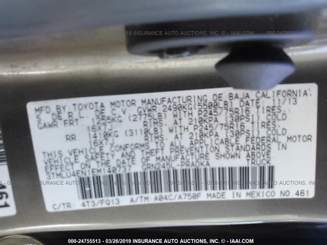 3TMLU4EN1EM140737 - 2014 TOYOTA TACOMA DOUBLE CAB 棕色 照片 9