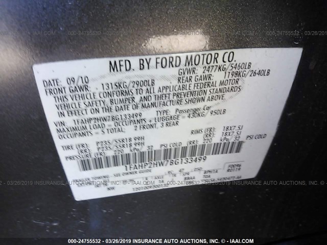 1FAHP2HW7BG133499 - 2011 FORD TAURUS SEL GRAY photo 9