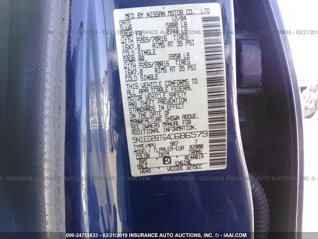 5N1ED28T64C686579 - 2004 NISSAN XTERRA XE/SE BLUE photo 9