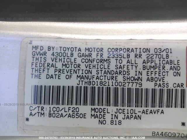 JTHBD182110027779 - 2001 LEXUS IS 300 SILVER photo 9