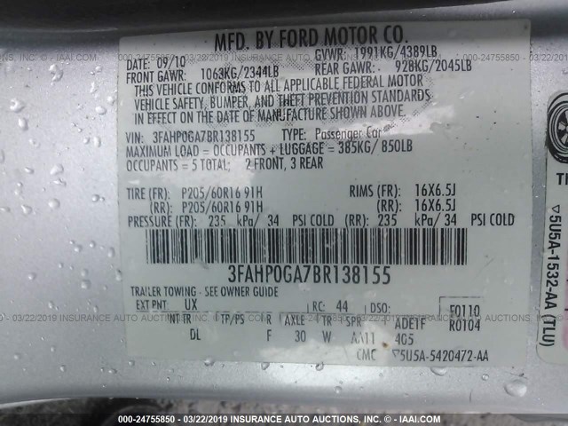 3FAHP0GA7BR138155 - 2011 FORD FUSION S SILVER photo 9