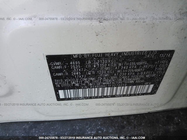 4S4BSBAC1F3270056 - 2015 SUBARU OUTBACK 2.5I WHITE photo 9