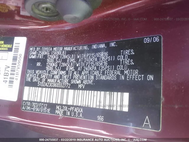 5TDZA23C06S552772 - 2006 TOYOTA SIENNA CE/LE RED photo 9