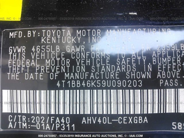 4T1BB46K59U090203 - 2009 TOYOTA CAMRY HYBRID BLACK photo 9