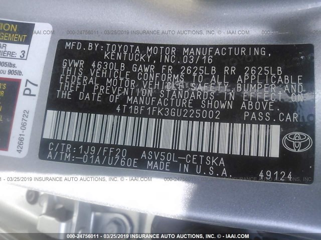 4T1BF1FK3GU225002 - 2016 TOYOTA CAMRY LE/XLE/SE/XSE 银色 照片 9