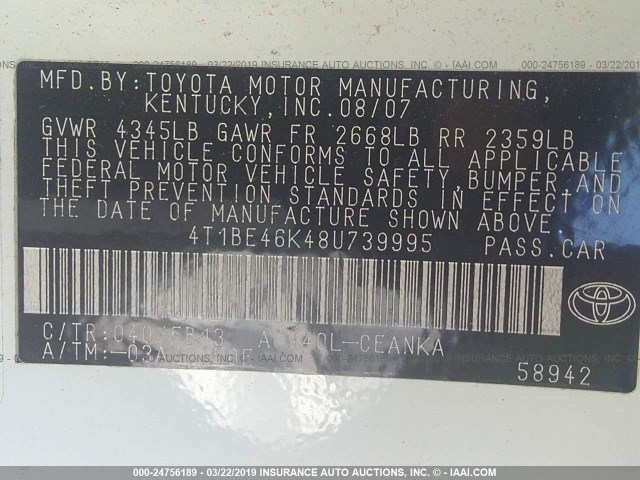 4T1BE46K48U739995 - 2008 TOYOTA CAMRY CE/LE/XLE/SE WHITE photo 9
