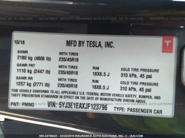 5YJ3E1EAXJF123796 - 2018 TESLA MODEL 3 GRAY photo 9