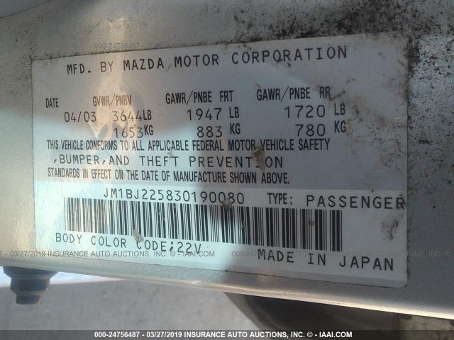 JM1BJ225830190080 - 2003 MAZDA PROTEGE DX/LX/ES GRAY photo 9