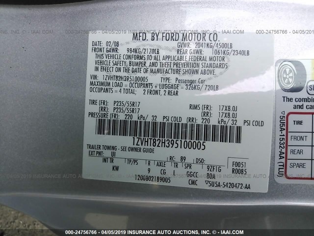 1ZVHT82H395100005 - 2009 FORD MUSTANG GT SILVER photo 9