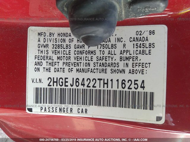 2HGEJ6422TH116254 - 1996 HONDA CIVIC CX RED photo 9